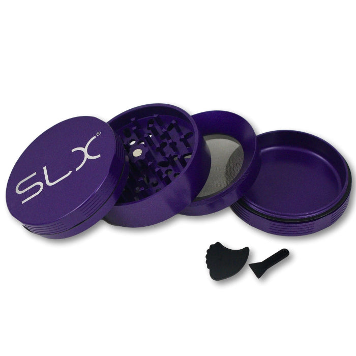 SLX Aluminium Non-Sticky Grinder 88 mm Purple opened with pollen scraper beside.