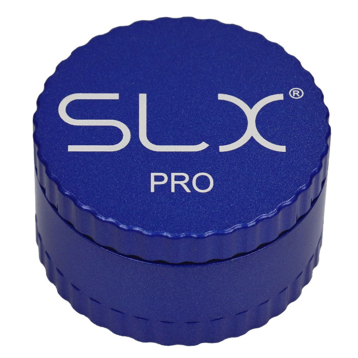 SLX Pro Aluminium Non-Sticky Grinder 62 mm Blue standing upright.