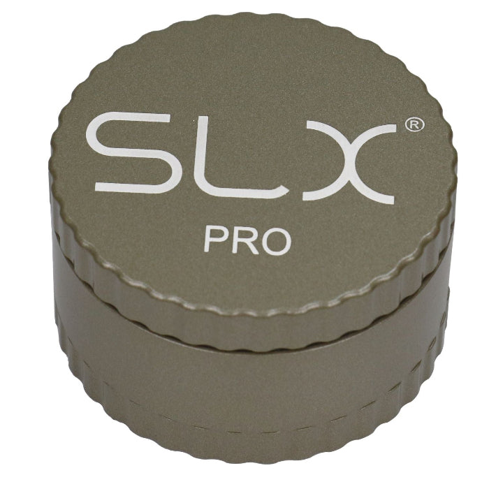 SLX Pro Aluminium Non-Sticky Grinder 62 mm Champagne standing upright.