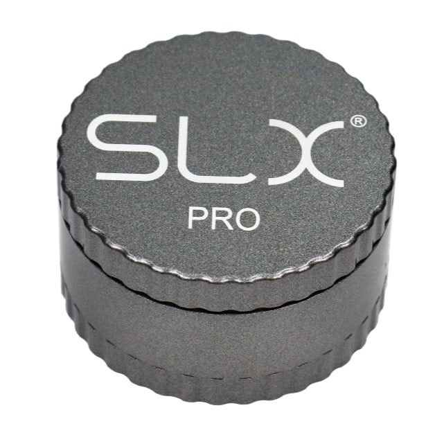 SLX Pro Aluminium Non-Sticky Grinder 62 mm Silver standing upright.