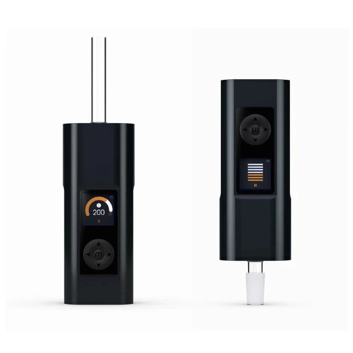 Arizer Solo 3 2.0 Black vaporizer, one with mouthpiece attached, the other with water pipe adapter.