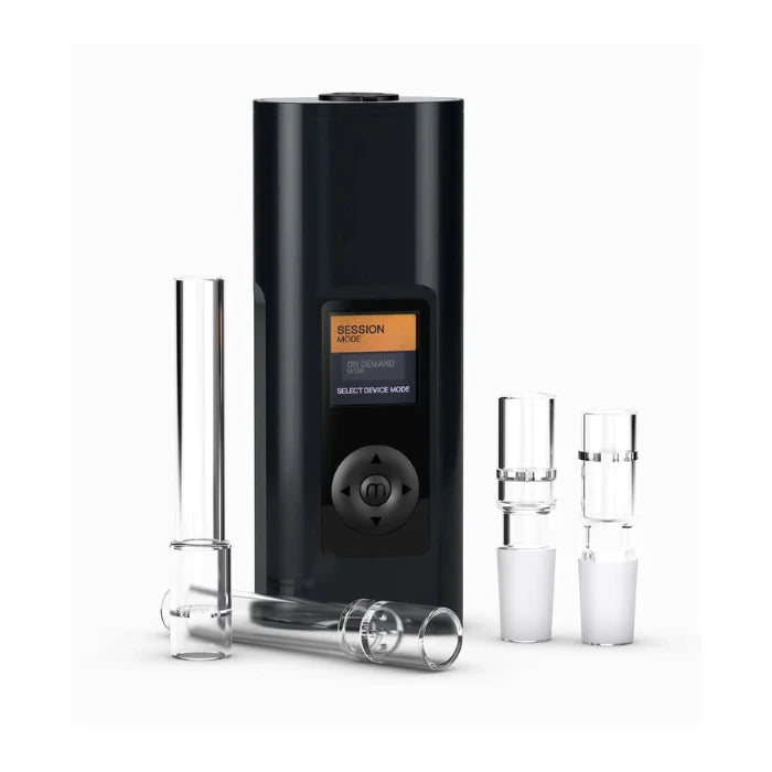 Arizer Solo 3 2.0 Black vaporizer standing upright with mouthpieces and water pipe adapters arranged around it.