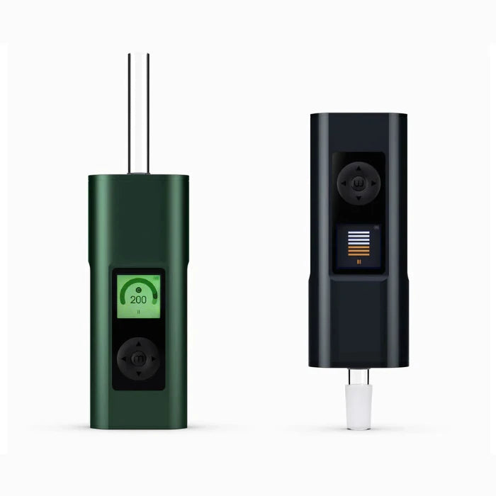 Arizer Solo 3 2.0 green vaporizer upright, black vaporizer upside down.