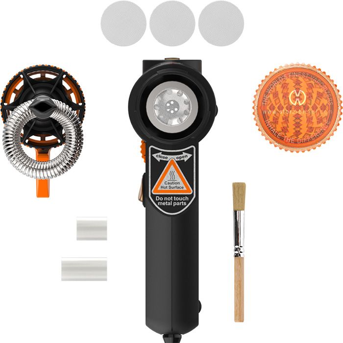 Storz & Bickel Plenty Vaporizer, top view with all accessories around.