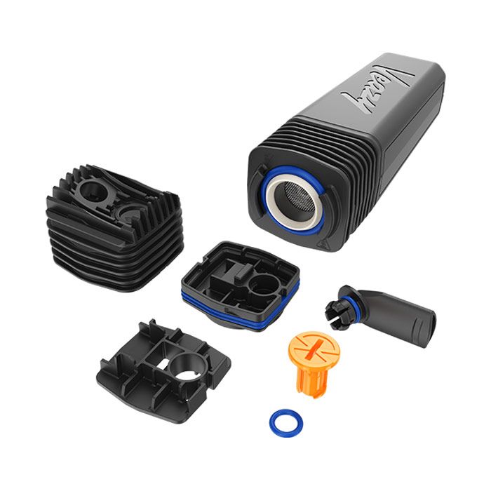 Storz & Bickel VEAZY Alluring Black vaporizer lying down with mouthpiece and herb chamber exploded showing all component parts.