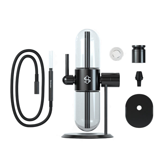 Stündenglass Gravity Hookah Black standing with all detached parts around it.