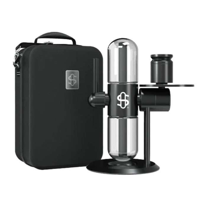 Stündenglass Kompact Gravity Hookah Black travel case with Stündenglass in front.