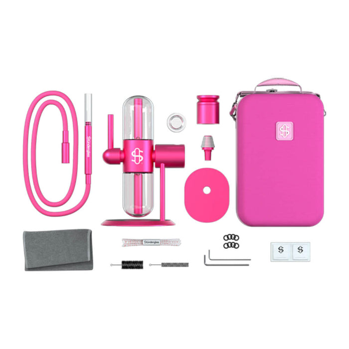 Stündenglass Kompact Gravity Hookah Pink with all parts around.