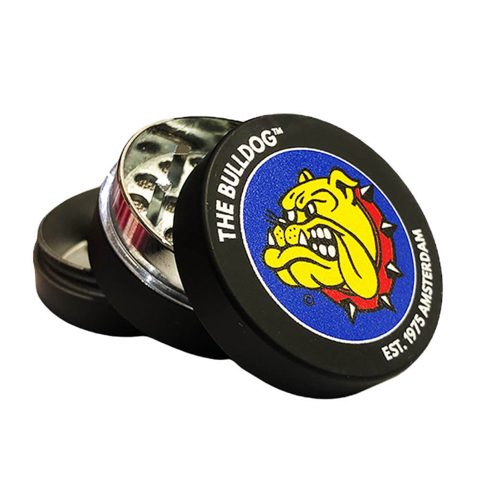 The Bulldog® Original Amsterdam 3 Parts 35mm Metal Black Grinder, closed, standing on its side.