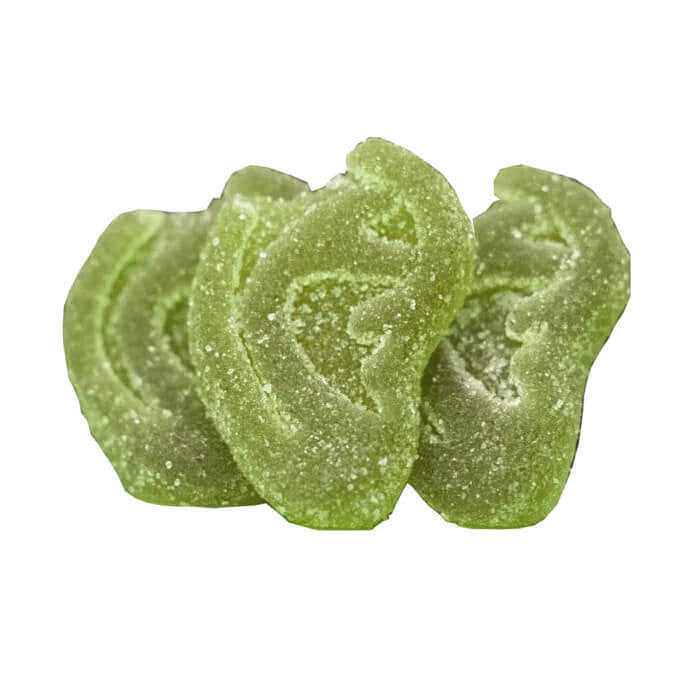 Tyson 2.0 Mike Bites CBD Gummies Apple, gummies shaped like a severed ear, standing.