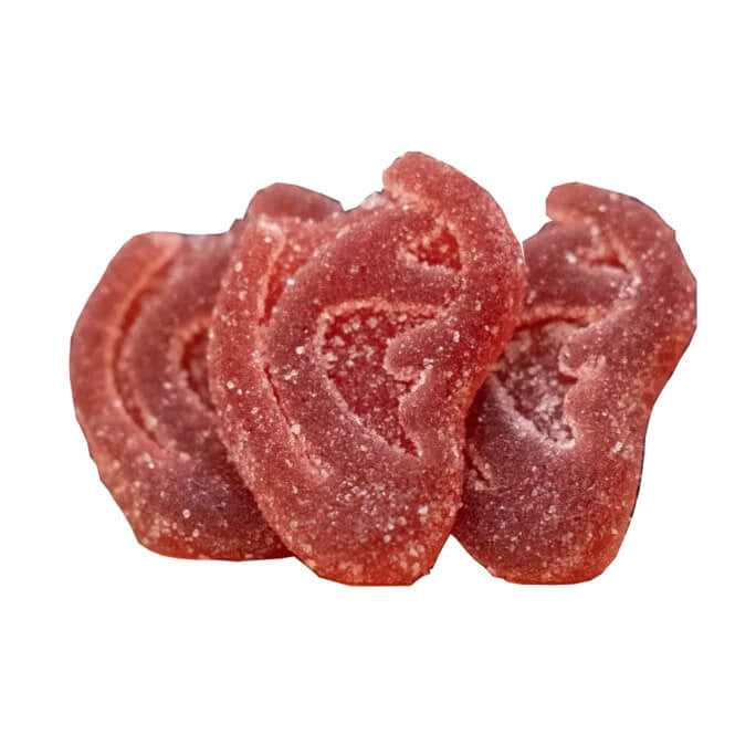 Tyson 2.0 Mike Bites CBD Gummies Watermelon, gummies shaped like a severed ear, standing.