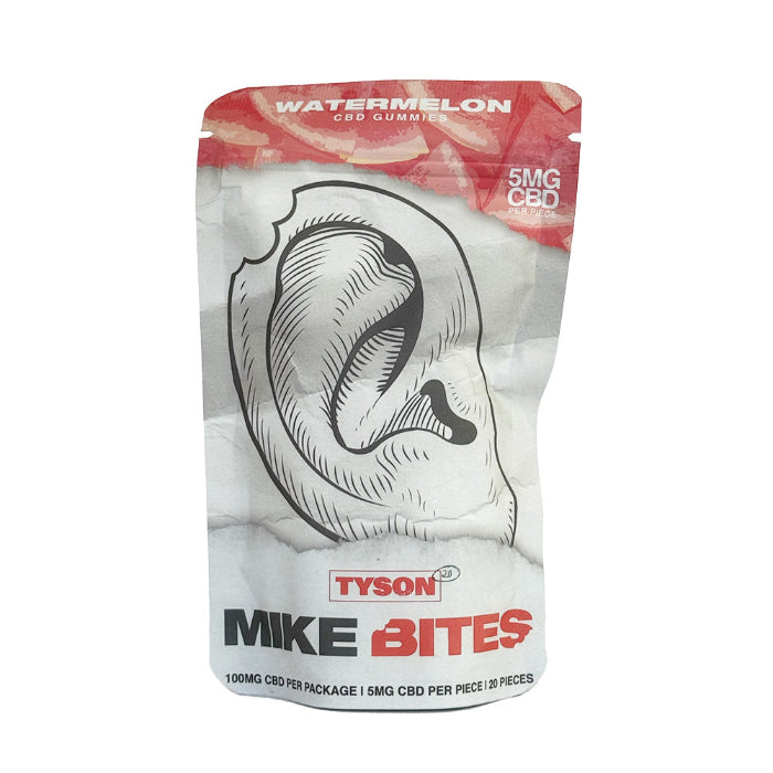Tyson 2.0 Mike Bites CBD Gummies Watermelon, doypack with bitten ear design.