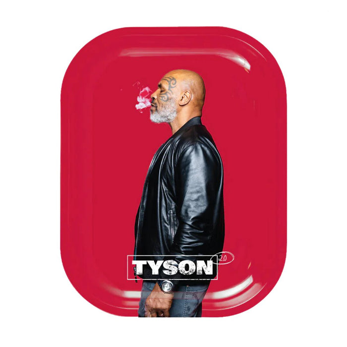 Tyson 2.0 Floating Red Metal Rolling Tray 11.5” with Mike Tyson profile on red background.