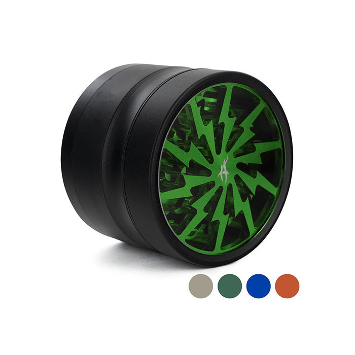 Close-up of AfterGrow Thorinder 1 Green grinder on its side, angled 3/4 view.