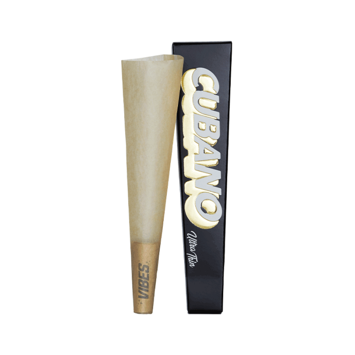 Vibes Cubano Cones Ultra Thin cone standing next to its box.
