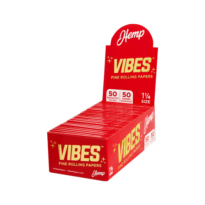 Vibes Papers 1 1/4 Hemp display, front view.