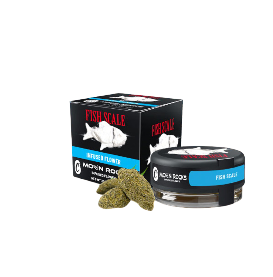Cookies Fish Scale THC-O Moonrocks 2g packaging with round box and moonrocks in front.
