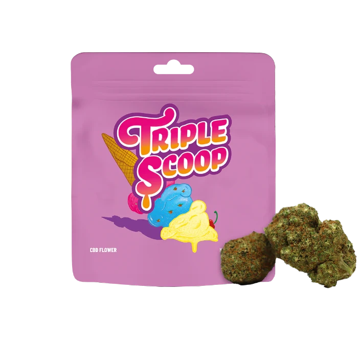Cookies Triple Scoop CBD Flower in doypack with buds in front.