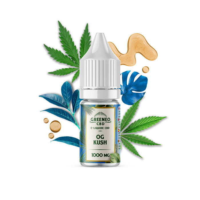Close-up of Greeneo E-liquid OG Kush bottle standing.