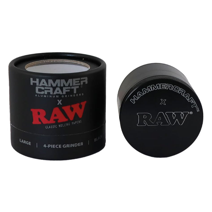 Hammercraft x RAW® Grinder 4 Parts Large Black, placed next to its box.
