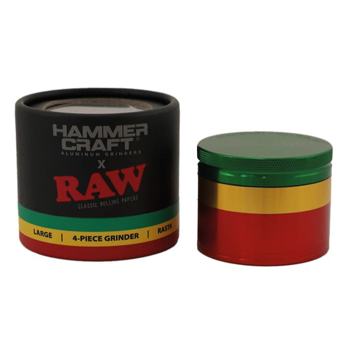 Hammercraft x RAW® Grinder 4 Parts Large Rasta, placed next to its box.