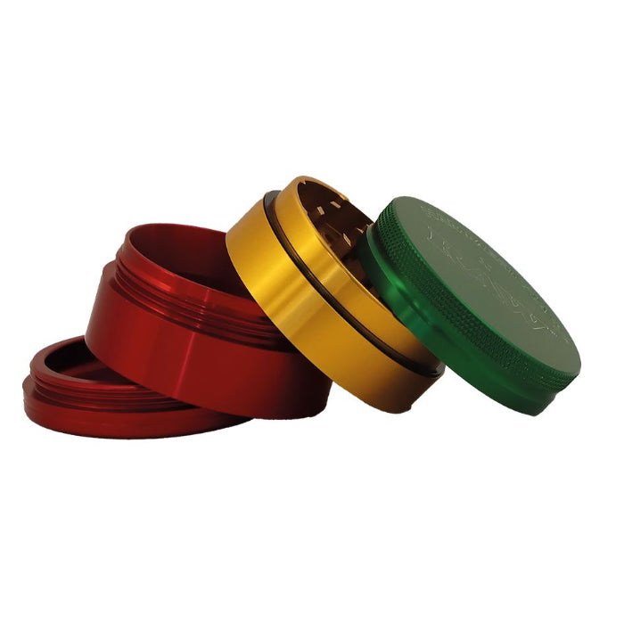 Hammercraft x RAW® Grinder 4 Parts Large Rasta, opened to show internal parts.