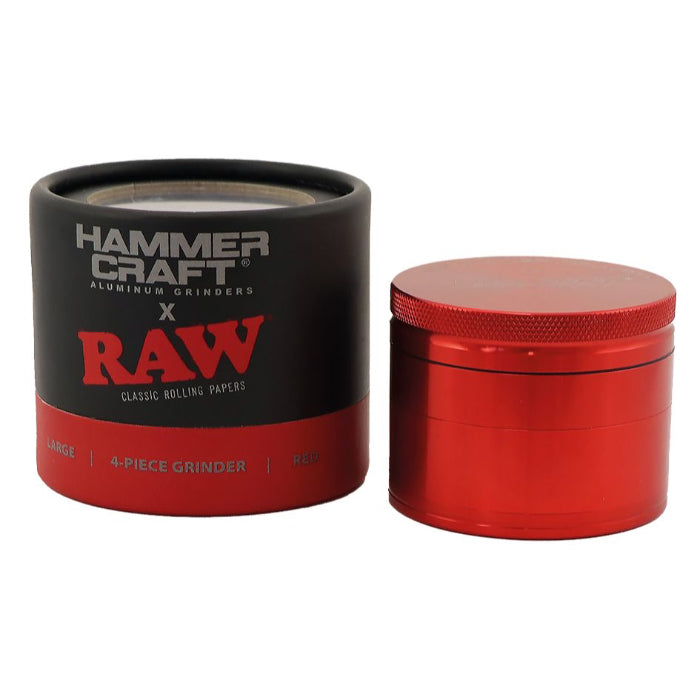 Hammercraft x RAW® Grinder 4 Parts Large Red, placed next to its box.