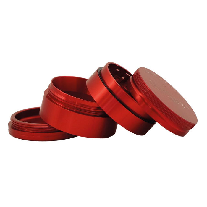 Hammercraft x RAW® Grinder 4 Parts Large Red, opened to show internal parts.