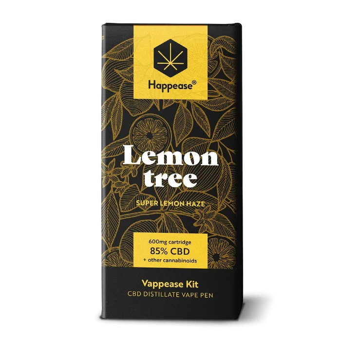Happease Vaping Starter Kit 85% Cannabinoids CBD-CBG-CBN Lemon Tree box, standing upright.