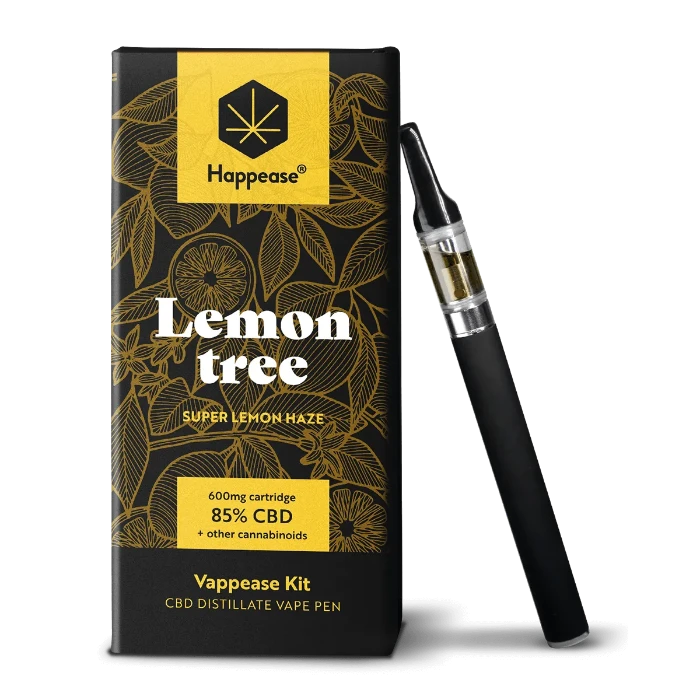 Happease Vaping Starter Kit 85% Cannabinoids CBD-CBG-CBN Lemon Tree box and vaporizer, standing upright.