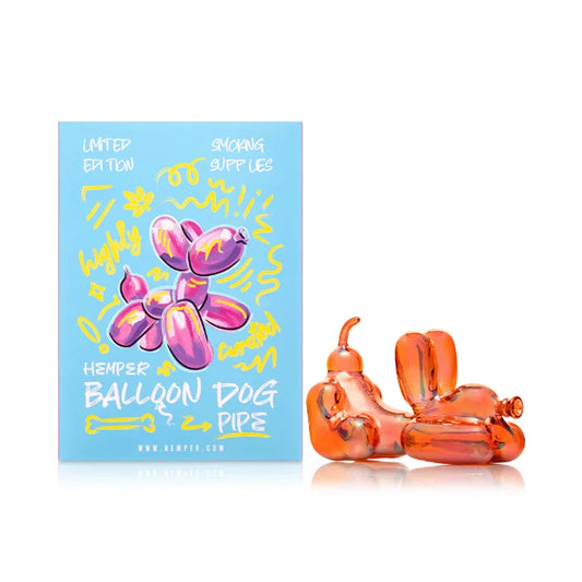 Hemper Balloon Dog Handpipe with matching illustrated box, featuring a whimsical balloon animal dog design in vibrant glass colors.
