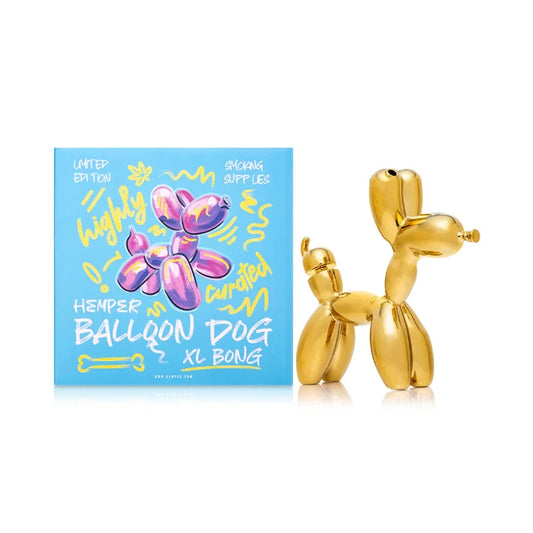 Hemper Balloon Dog XL Bong 7.6″ with matching illustrated box, featuring a colorful balloon dog-shaped glass bong for a fun and unique smoking experience.