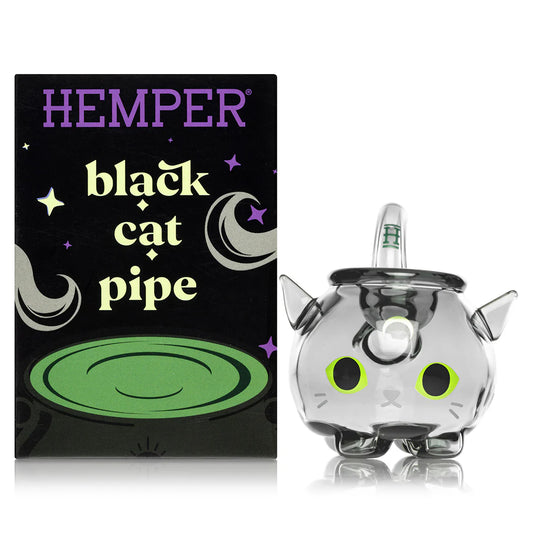 Hemper Black Cat Handpipe 3″ with matching illustrated box, featuring a cute glossy black cat design with detailed whiskers and ears.