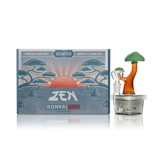 Hemper Bonsai Bong 6.5″ with matching illustrated box, featuring a glass design inspired by miniature bonsai trees.