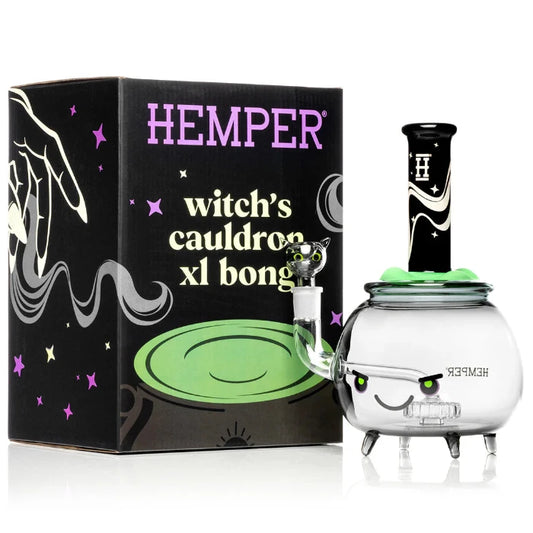 Hemper Cauldron XL Bong 9″ with matching illustrated box, featuring a spooky cauldron design with bubbling effects and dark, witchy details.