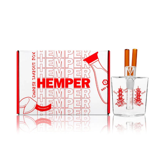 Hemper Chinese Takeout Bong 6″ with matching illustrated box, shaped like a Chinese takeout container with detailed red accents.