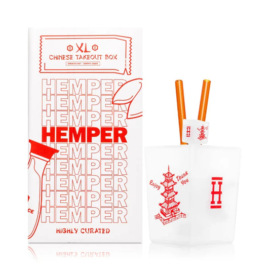 Hemper Chinese Takeout XL Bong 9″ with illustrated box, shaped like a Chinese takeout container with red details and chopstick-style mouthpiece.