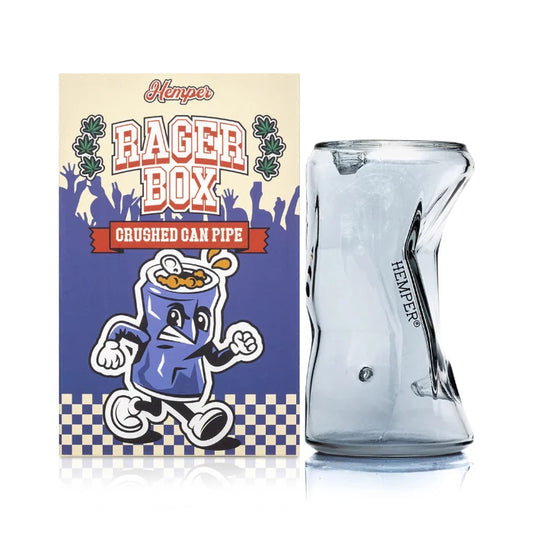 Hemper Crushed Can Handpipe with matching illustrated box, designed to resemble a realistic crushed soda can in glossy glass.