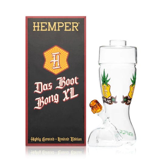 Hemper Das Boot XL Bong 10″ with matching illustrated box, shaped like a tall beer boot with bold glass details.