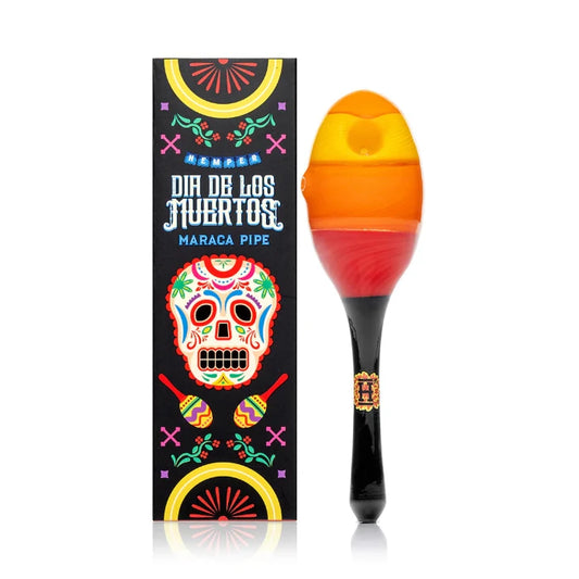 Hemper Dia De Los Muertos Maraca Handpipe with matching illustrated box, featuring a colorful sugar skull design inspired by Day of the Dead.