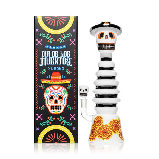 Hemper Dia De Los Muertos XL Bong 13.2″ with matching illustrated box, featuring a vibrant Day of the Dead-inspired design with intricate sugar skull artwork.
