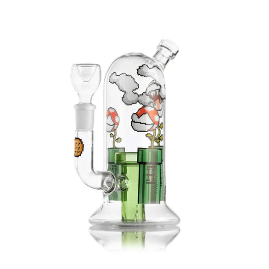 Hemper Gaming Flower Bong 7″, left profile view showing its vibrant gaming-inspired details.