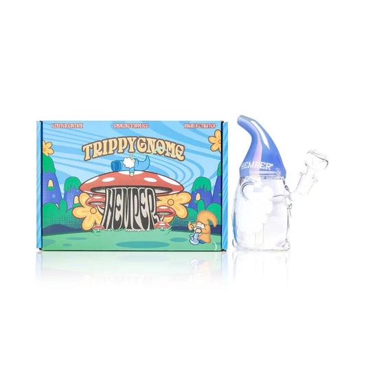 Hemper Gnome Bong 6.3″ with matching illustrated box, featuring a whimsical garden gnome design in colorful glass.