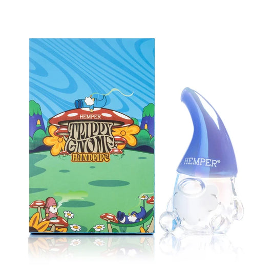 Hemper Gnome Handpipe with matching illustrated box, featuring a unique gnome-shaped design and vibrant glass details.