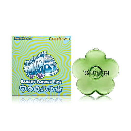 Hemper Groovy Flower Handpipe with matching illustrated box, shaped like a retro flower with vibrant colors and glossy finish.