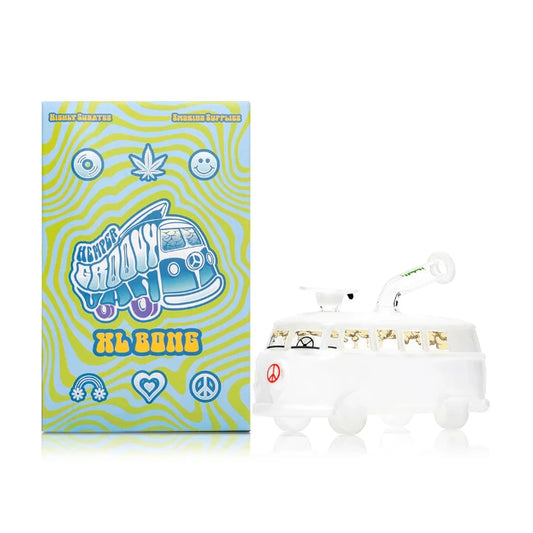 Hemper Groovy Van XL Bong 8″ with matching illustrated box, shaped like a colorful hippie van with retro floral details.
