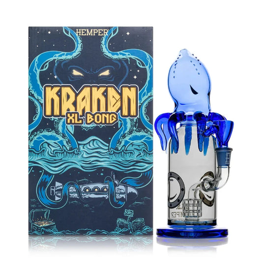 Hemper Kraken XL Bong 9.5″ with matching illustrated box, featuring a fierce sea creature design with swirling glass tentacles.