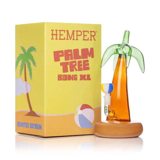 Hemper Palm Tree XL Bong 10.5″ with matching illustrated box, featuring a tropical palm tree design and large chamber.