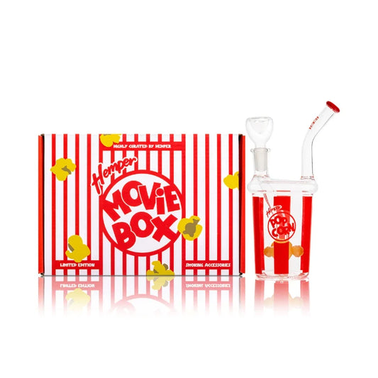 Hemper Popcorn Bong 6″ with matching illustrated box, designed like a classic red-and-white striped popcorn bucket with popping glass details.