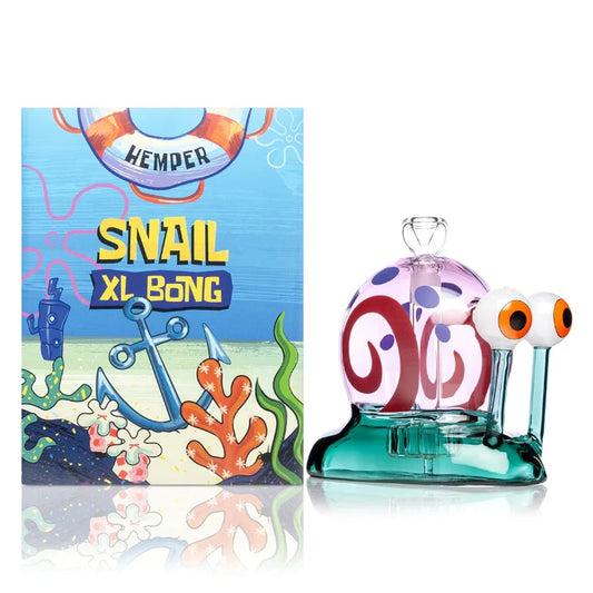 Hemper Snail XL Bong 6″ with matching illustrated box, featuring a fun snail-shaped glass bong with vibrant colors for a whimsical smoking experience.